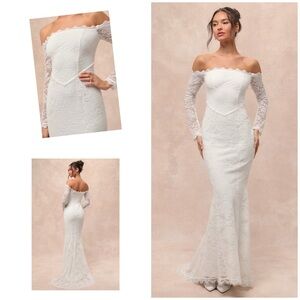 Lulus Beloved Promise White Lace Off the Shoulder Mermaid Maxi Dress SZ XXS NWT